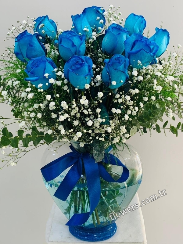 Bright Blue Roses In Heart-shaped Vase